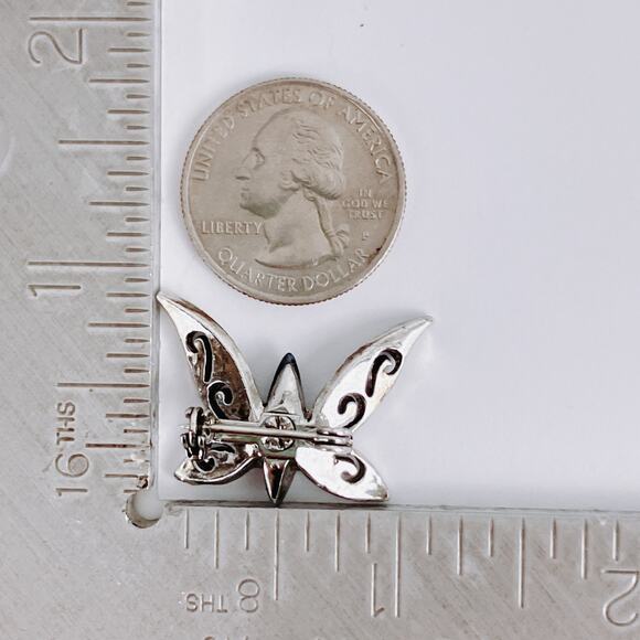 Vintage Silver Tone Butterfly Brooch Black Glass Marcasite Style 1970s - Picture 9 of 10